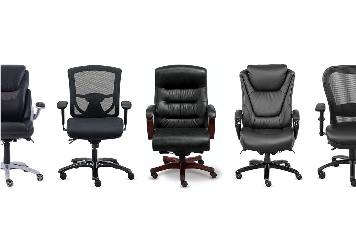 Various types of office chairs displayed on a white background.