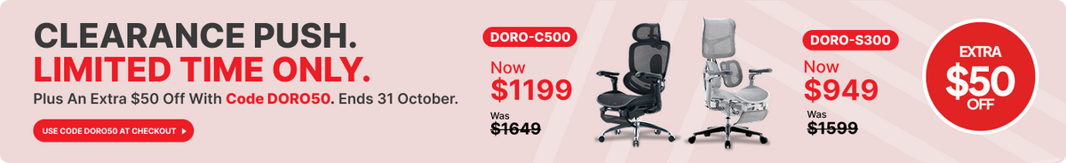 “Clearance push. Limited time only.” text on a pink background alongside SIHOO Doro C500 and Doro S300 ergonomic chairs, promoting an extra $50 off with code DORO50.