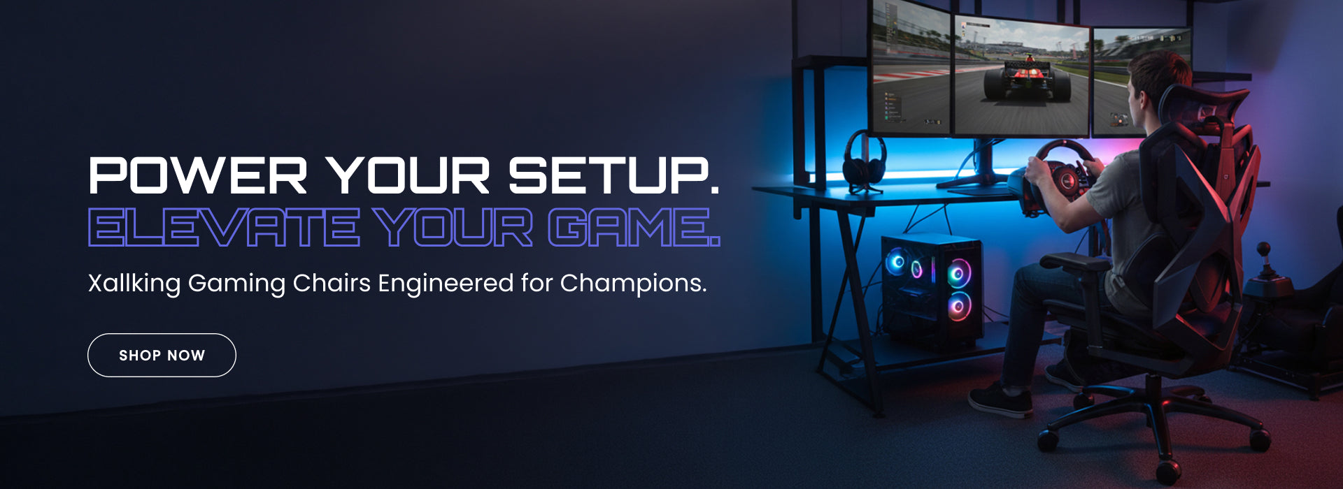 Gamer seated in ergonomic gaming chair with text overlay ‘Power your setup, elevate your game’ highlighting comfort and performance.