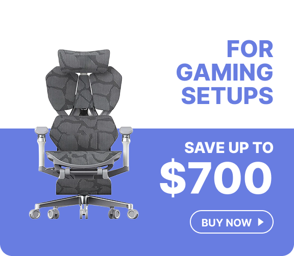 Grey ergonomic chair with a sculpted backrest for gaming setups, with savings of up to $700.
