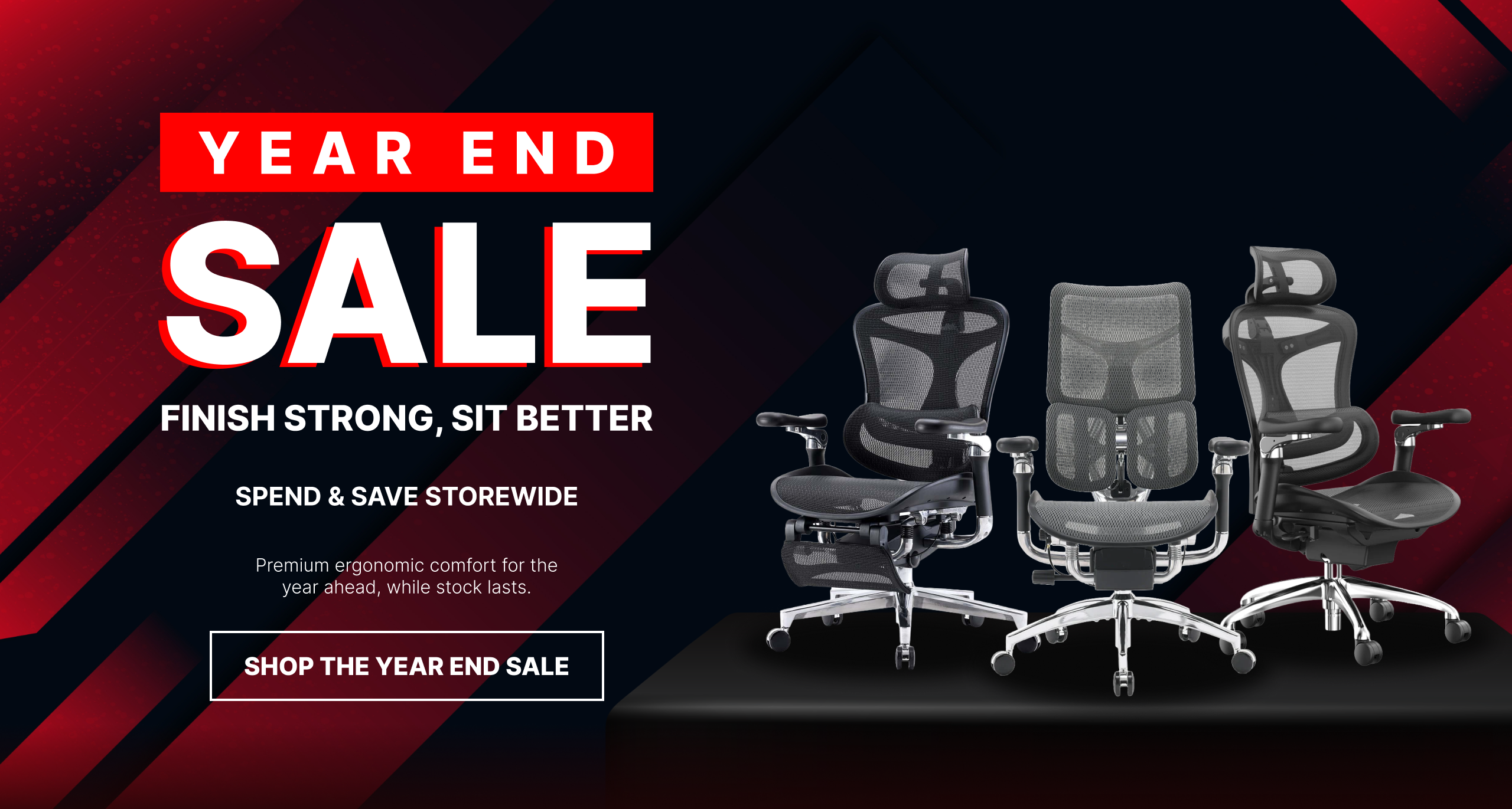 Premium ergonomic office chairs in Australia featured in a vibrant year-end sale banner highlighting storewide discounts, year-end sale.