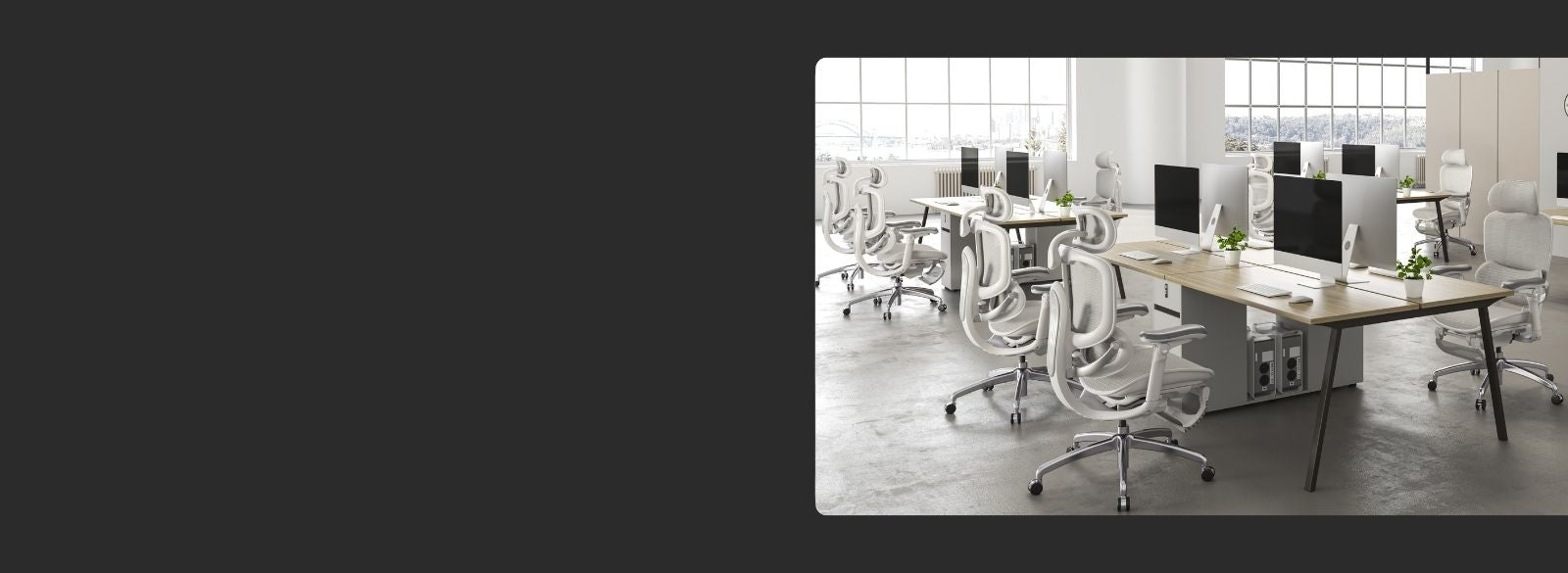 Minimalist office space with white ergonomic chairs arranged in a modern workstation setup.