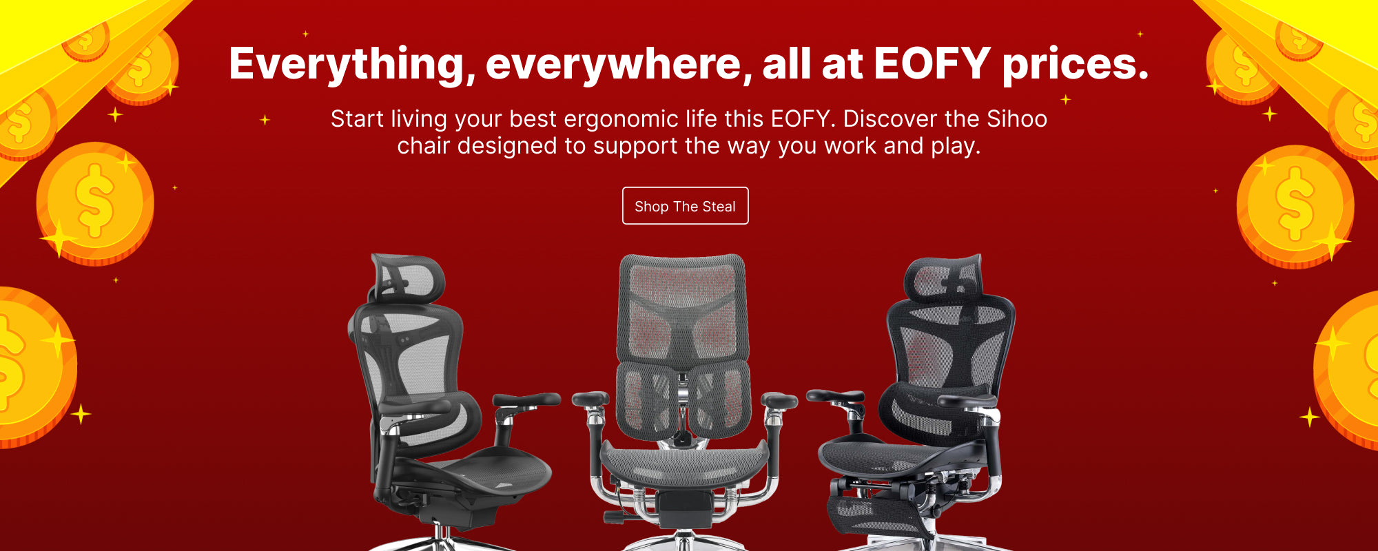 End-of-financial-year campaign graphic featuring a range of Sihoo ergonomic chairs, vibrant savings-themed visuals, and promotional messaging focused on enhancing comfort, posture support, and productivity at discounted EOFY prices.