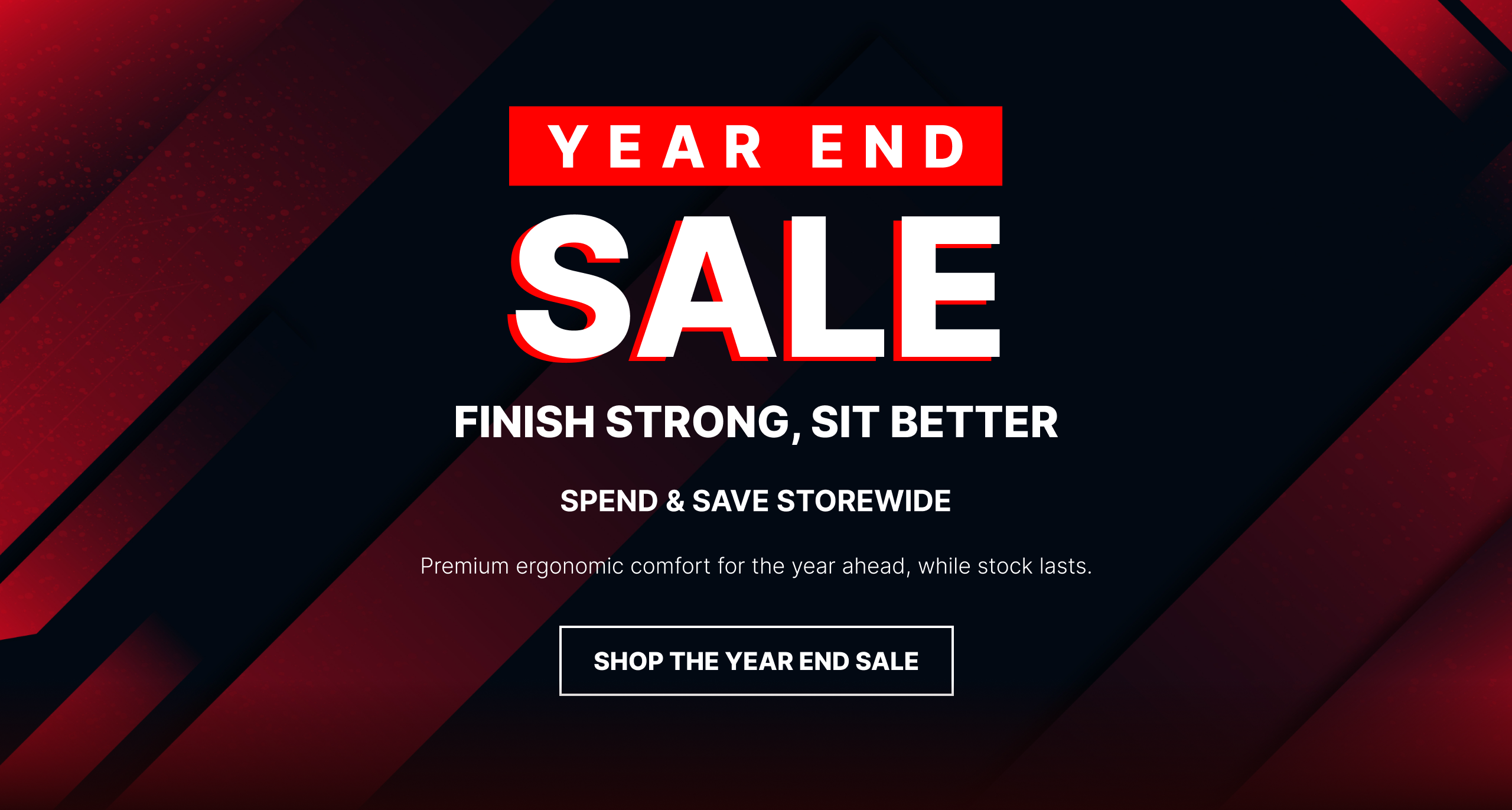 Year end sale banner featuring promotional text and premium ergonomic chairs in Australia with storewide savings.