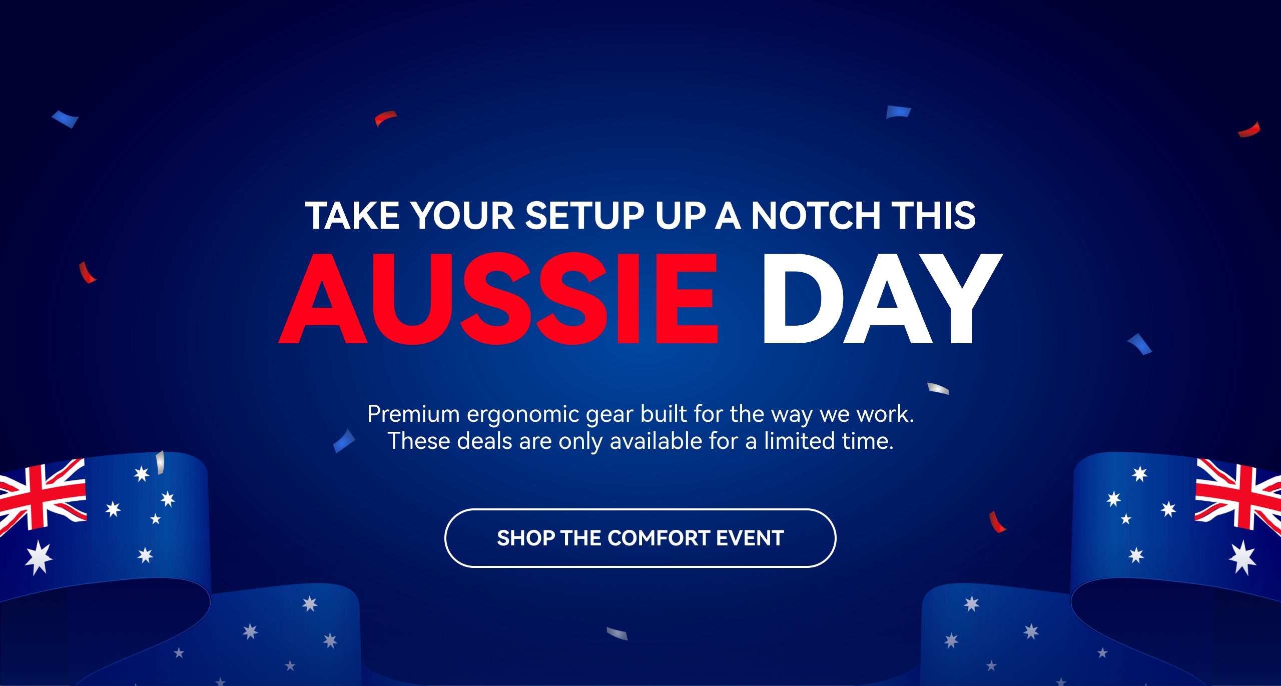 Promotional banner for Australia Day ergonomic chair sale in Australia with text overlay about premium comfort gear.