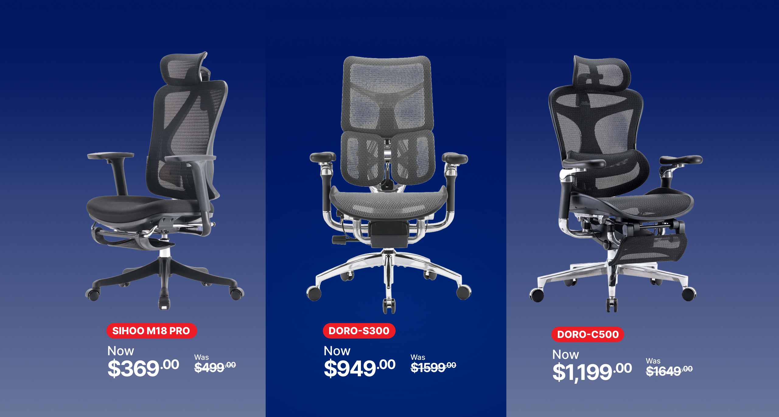 Three ergonomic office chairs in Australia displayed in an Australia Day promotional banner.