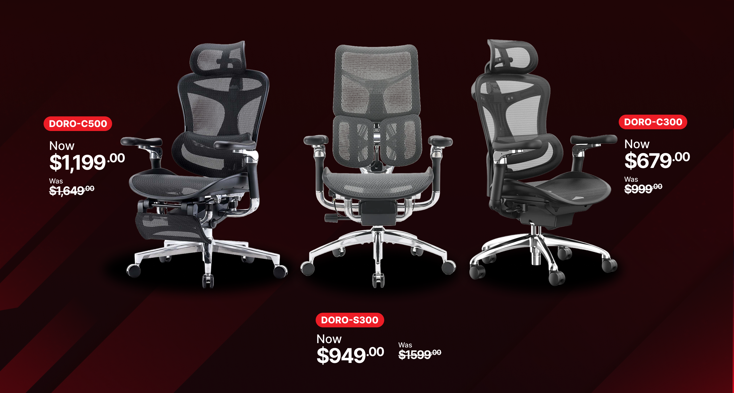 Three ergonomic office chairs in Australia displayed with discounted prices during the Doro series sale.