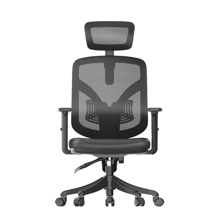 Front view of an ergonomic chair on a transparent background.