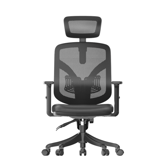 Front view of an ergonomic chair on a transparent background.