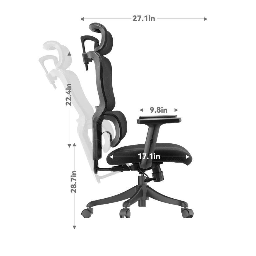 Side view of an ergonomic chair on a white background with labeled length and width and a transparent overlay showing its reclining action.