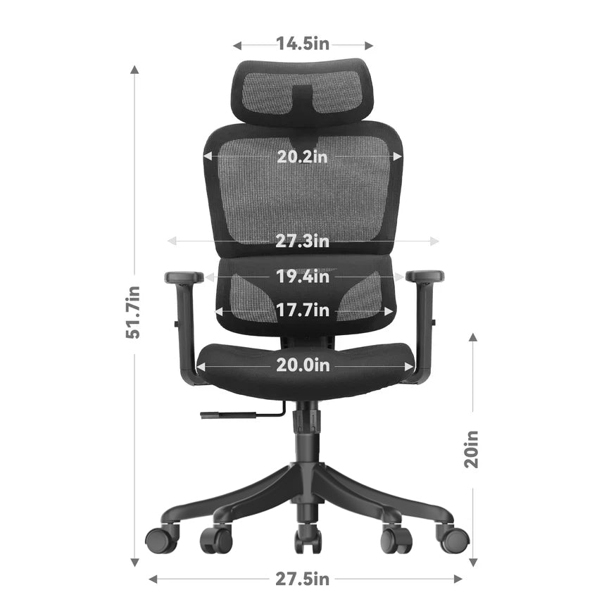 Ergonomic chair on a white background showing labeled length and width dimensions.