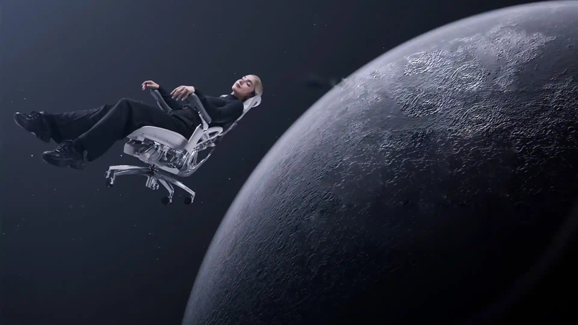 Woman reclining on ergonomic chair in Australia floating in space scene, highlighting zero-gravity comfort and full-body support