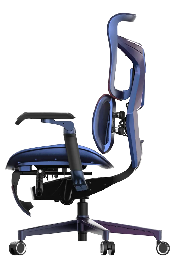 Left side view of blue-violet gradient XALLKING X3Pro ergonomic gaming chair highlighting ergonomic comfort and sleek design.