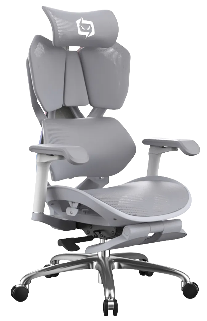 Semi front-left view of gray XALLKING X5F ergonomic gaming chair highlighting ergonomic comfort and vibrant design.