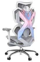 Back-left view of Dream Pink Blue XALLKING X5F ergonomic gaming chair showcasing lumbar support and vibrant ergonomic design.