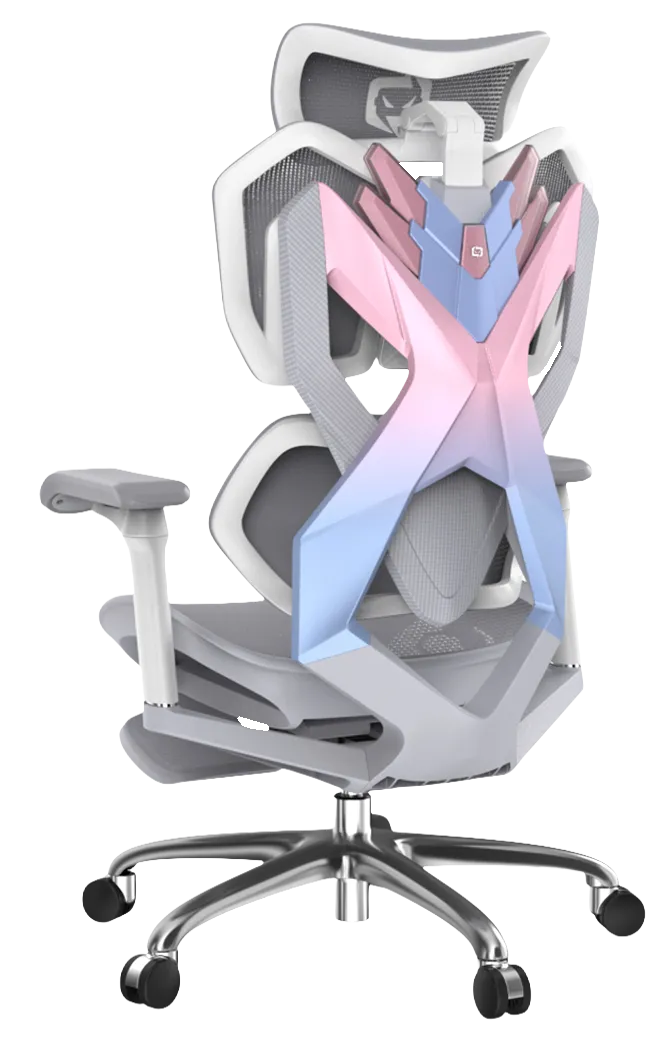 Back-left view of Dream Pink Blue XALLKING X5F ergonomic gaming chair showcasing lumbar support and vibrant ergonomic design.