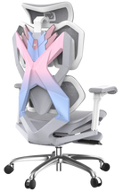Back-right view of Dream Pink Blue XALLKING X5F ergonomic gaming chair highlighting lumbar support and vibrant ergonomic design.

