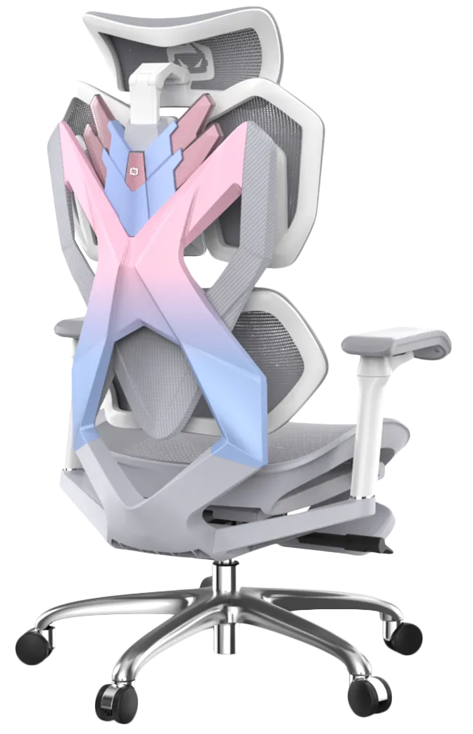 Back-right view of Dream Pink Blue XALLKING X5F ergonomic gaming chair highlighting lumbar support and vibrant ergonomic design.
