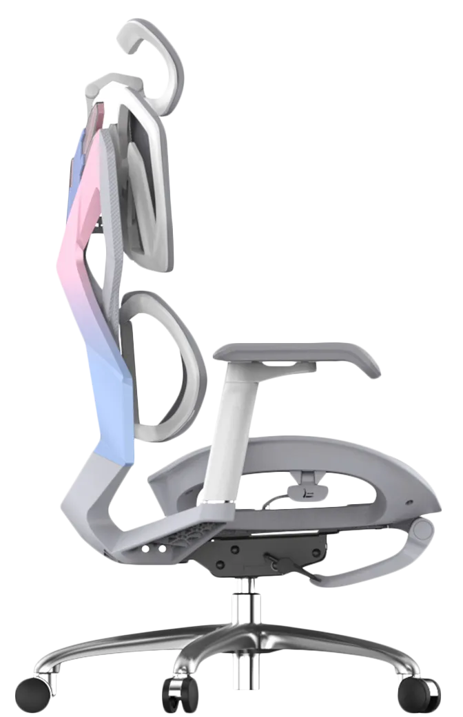 Left side view of Dream Pink Blue XALLKING X5F ergonomic gaming chair showcasing ergonomic comfort and vibrant design.