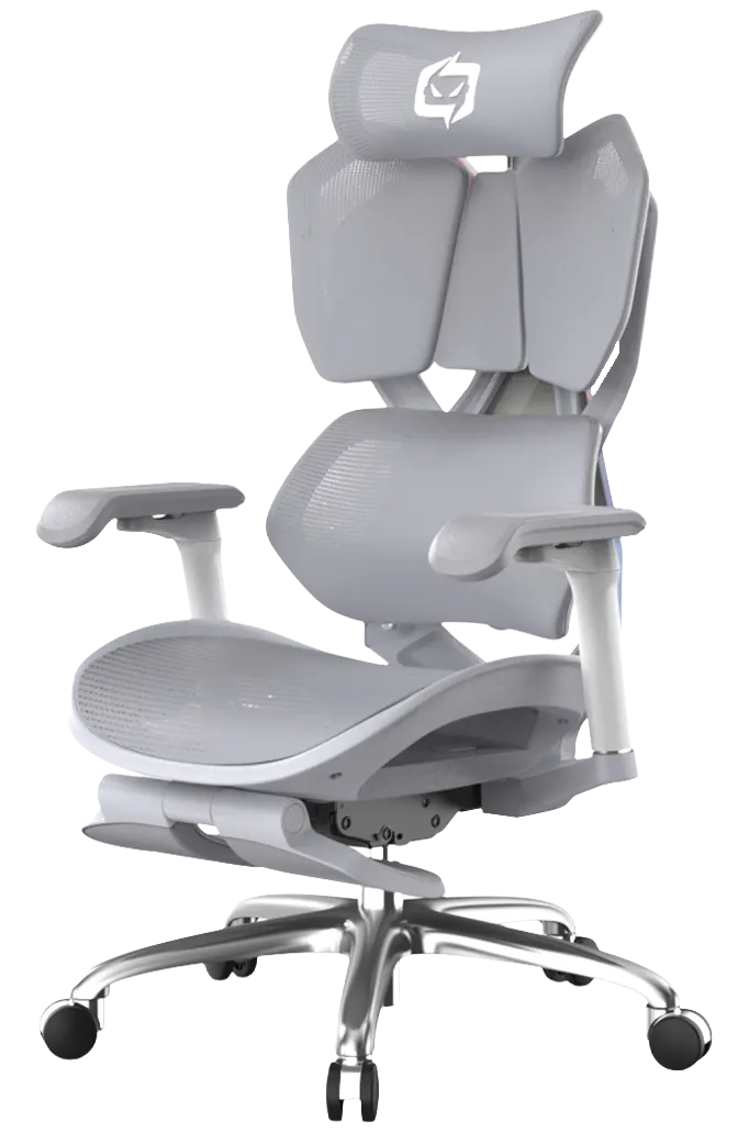 Semi front-left view of Grey XALLKING X5F ergonomic gaming chair highlighting ergonomic comfort and vibrant design.