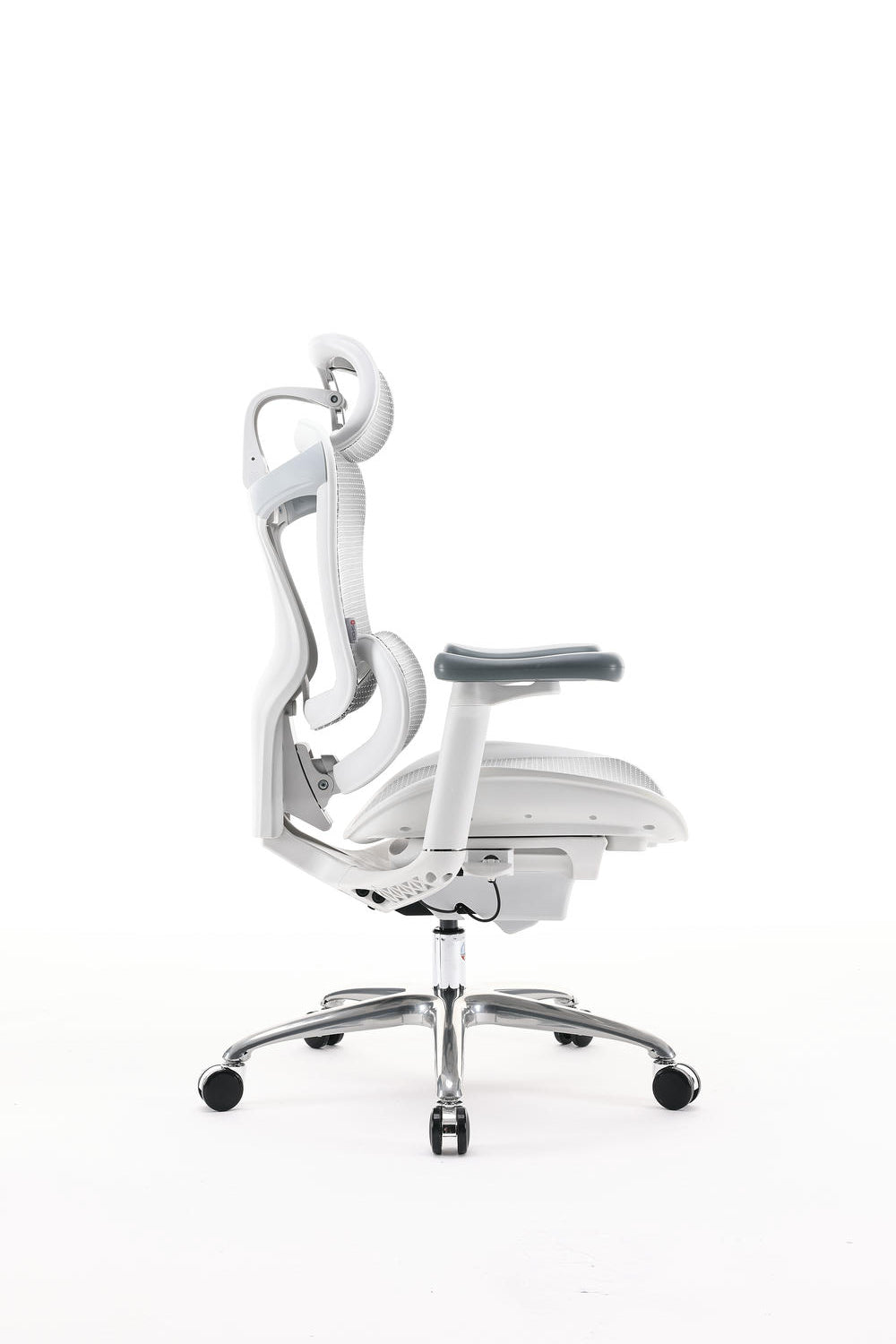 Right side profile of white sihoo doro c100 ergonomic chair in australia on a minimal white background.