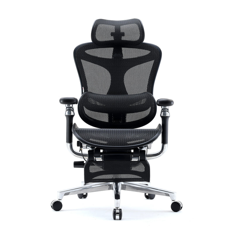 Front view of black Sihoo Doro C500 ergonomic chair in Australia with black frame, mesh back, padded seat, footrest, and adjustable headrest