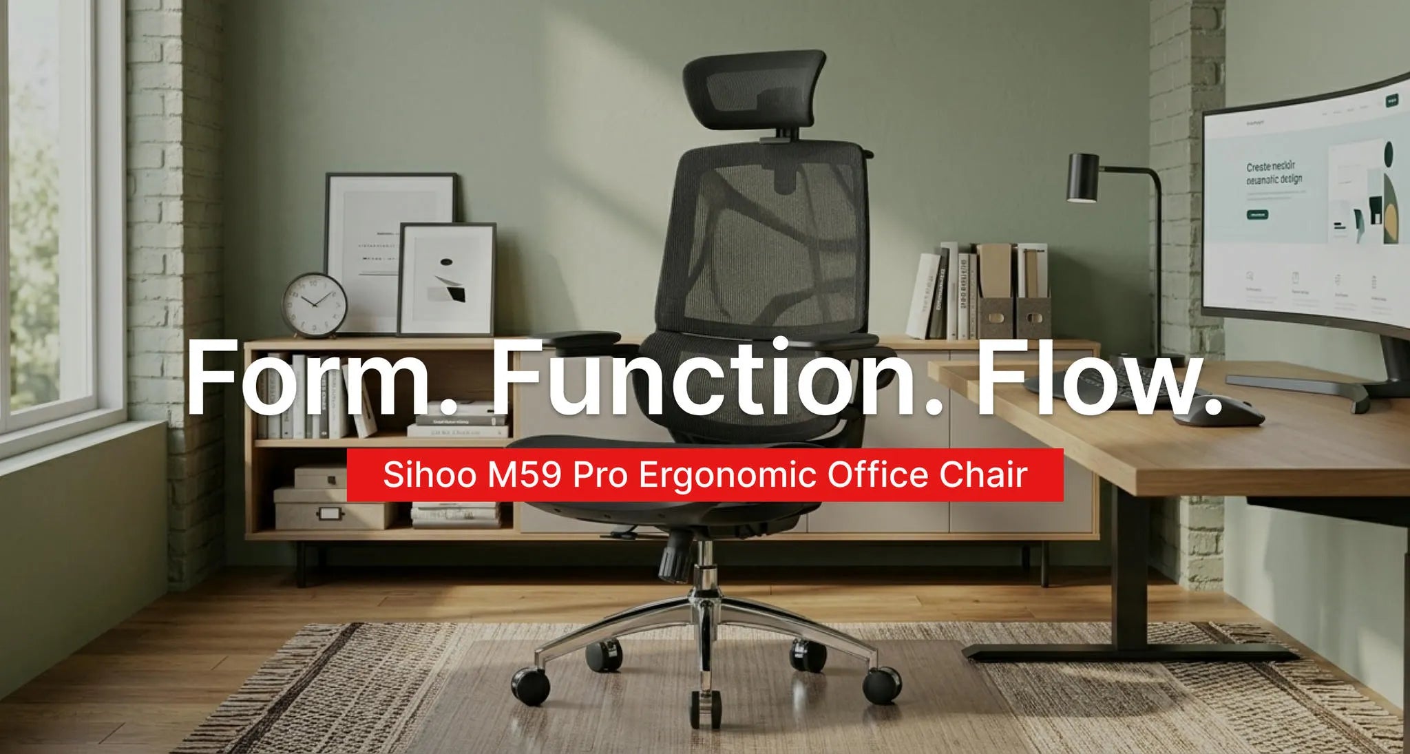 Banner showing the Sihoo M59 Pro ergonomic chair with a modern office aesthetic and the words Form Function Flow.