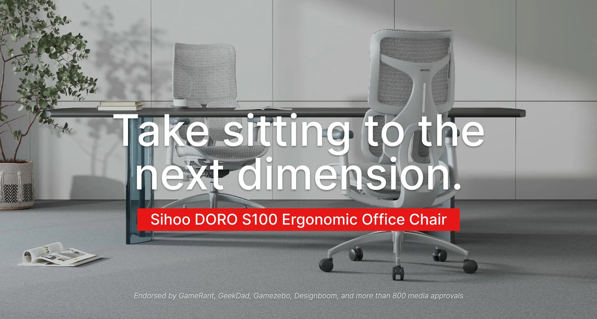 Sihoo Doro S100 banner with the tagline "Take sitting to the next dimension."