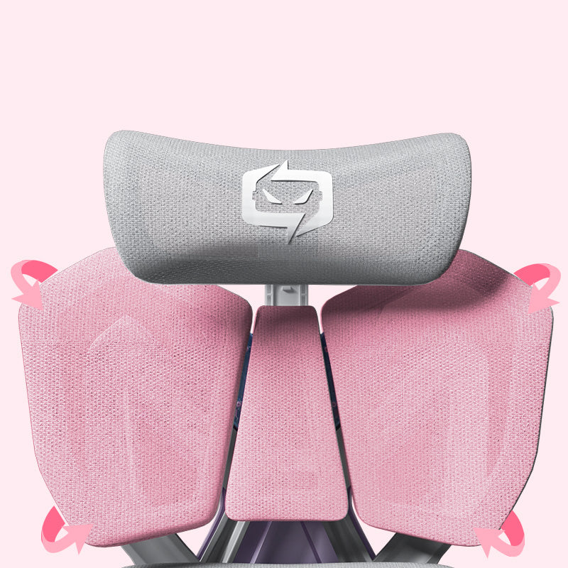 Close-up of gray headrest and pink lumbar support on an Xallking X5FS ergonomic gaming chair in Australia