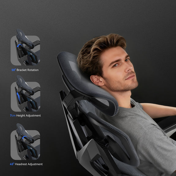 Close-up of headrest on an Xallking X5S ergonomic gaming chair in Australia with a man sitting, showing 50-degree bracket rotation, 7 cm height adjustment, and 45-degree headrest tilt