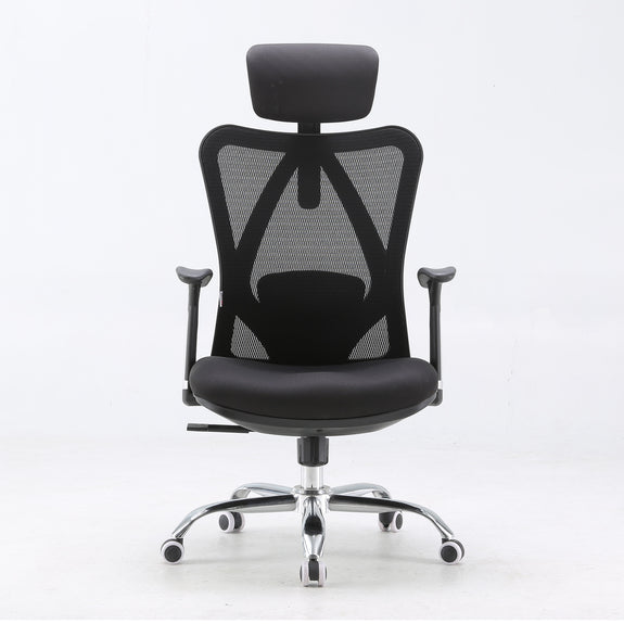 Front view of black Sihoo M16 ergonomic chair in Australia with mesh back, adjustable headrest, and lumbar support on white background
