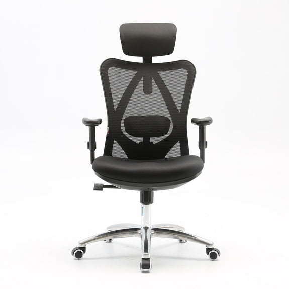 Front view of black Sihoo M18 ergonomic chair in Australia with black frame and seat, mesh back, and adjustable headrest