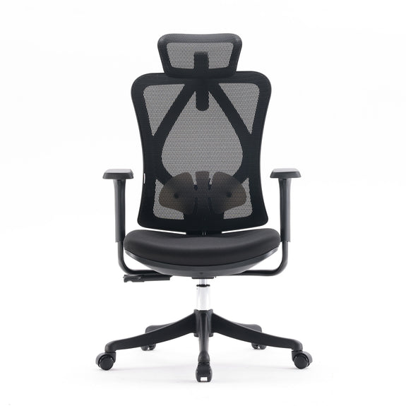 Black Sihoo M18 Pro ergonomic chair in Australia front view with all black frame, cushioned seat, mesh back, and built in headrest