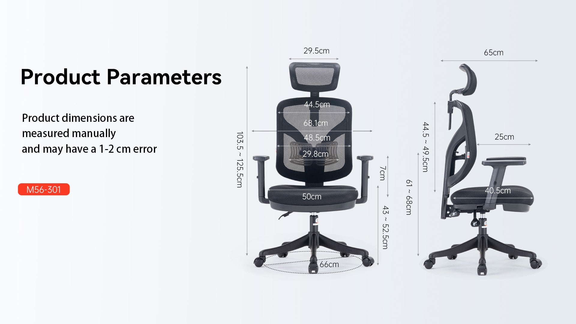 Manually measured product dimensions of Sihoo M56 ergonomic chair, detailing size and structure for ergonomic chairs in Australia.