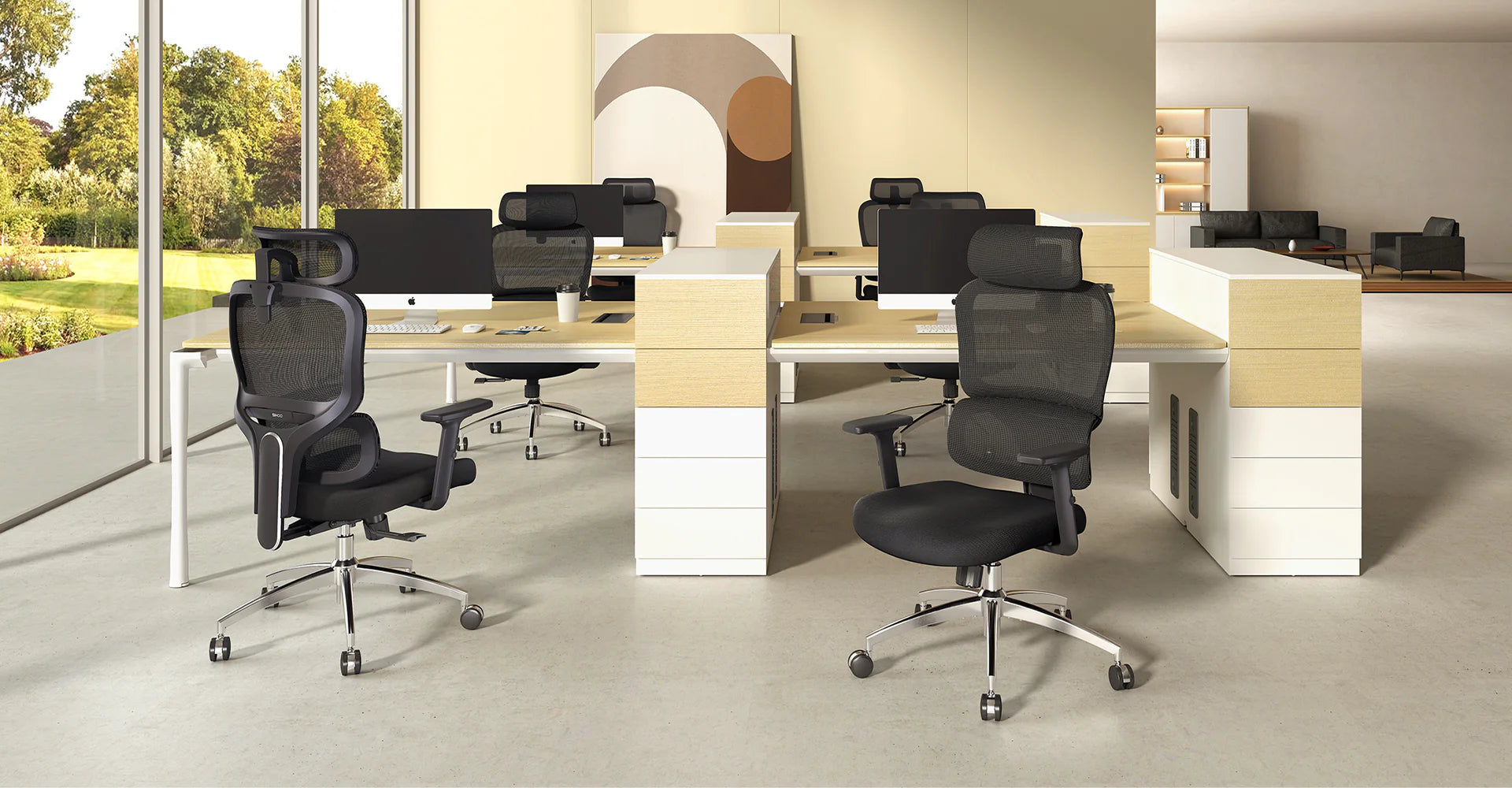 Modern office workspace featuring mesh-back swivel chairs, highlighting ergonomic chair in Australia.