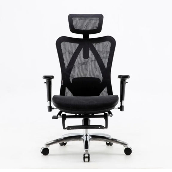 Front view of black Sihoo M57 Pro ergonomic chair in Australia with footrest, mesh back, and lumbar support on white background