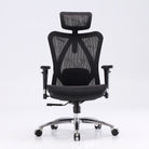 Front view of black Sihoo M57 ergonomic chair in Australia with black frame and seat, mesh back, and adjustable headrest