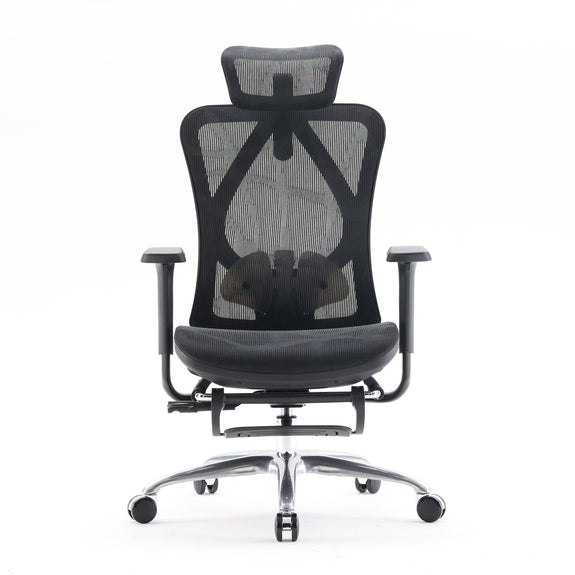 Front view of black Sihoo M57 Pro ergonomic chair in Australia with mesh back, adjustable headrest, and lumbar support on white background