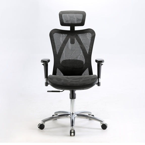 Front view of black Sihoo M57 Pro ergonomic chair in Australia with black frame and seat, breathable mesh back, and adjustable headrest