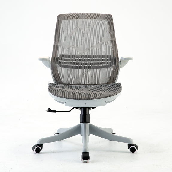 Front view of white Sihoo M59 ergonomic chair in Australia with grey frame and seat, mesh back, and adjustable headrest