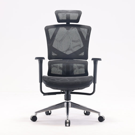 Front view of black Sihoo M90 ergonomic chair in Australia with black frame and seat, mesh back, and adjustable headrest