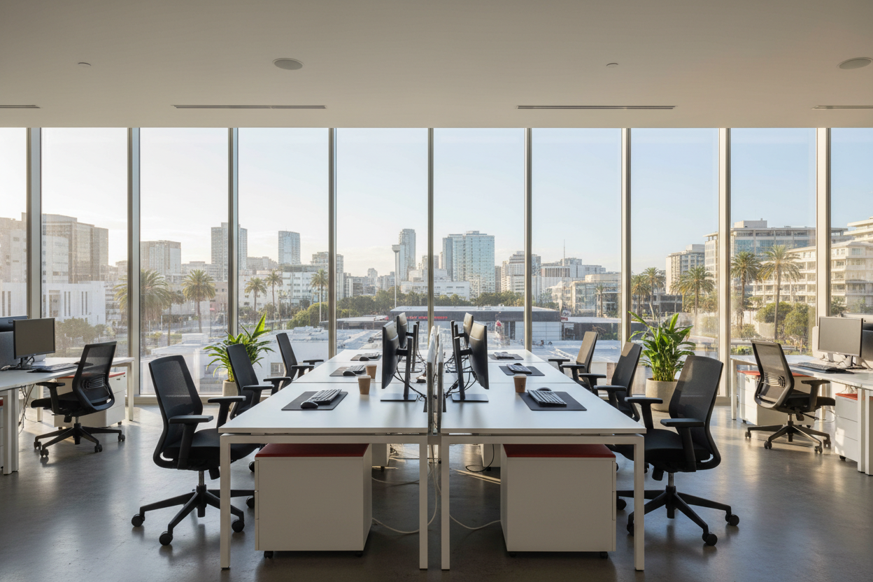 Well-lit office with black ergonomic chairs and an overlooking city view.