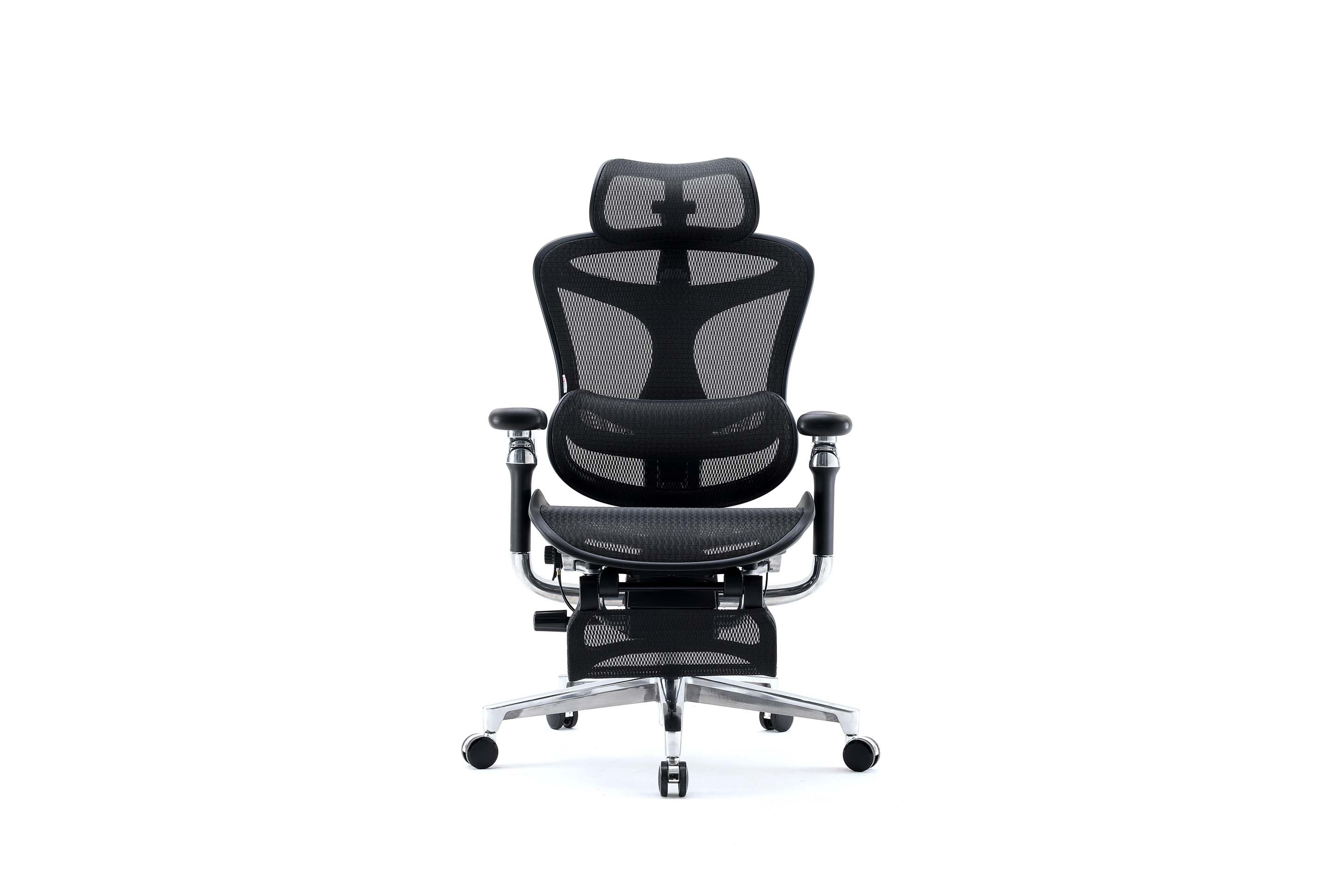 Front view of black Doro C500 ergonomic chair with footrest in Australia on a white background.