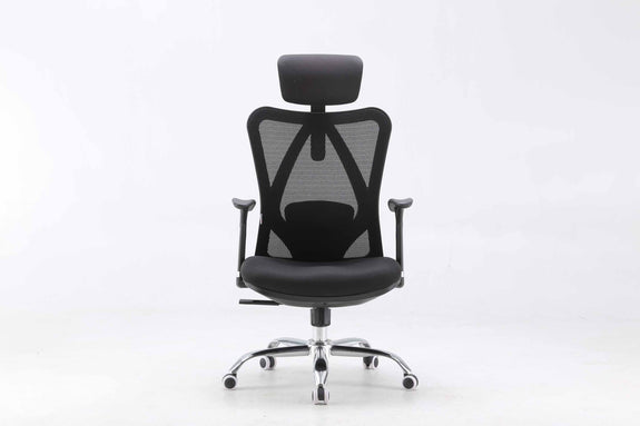 Front view of black Sihoo M16 ergonomic chair in Australia on a white background highlighting mesh back, seat and ergonomic support