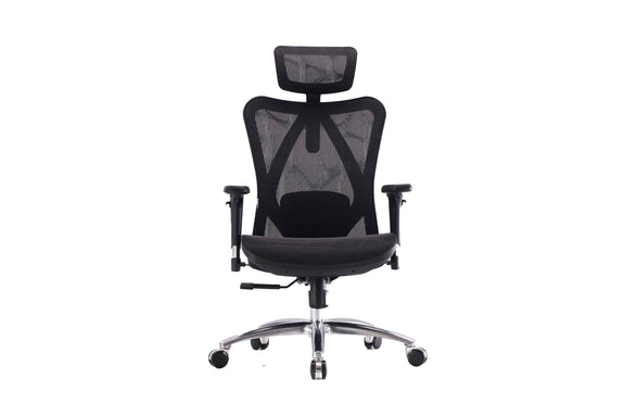 Black Sihoo M57 ergonomic chair in Australia shown from the front on a white background highlighting breathable mesh and adjustable support