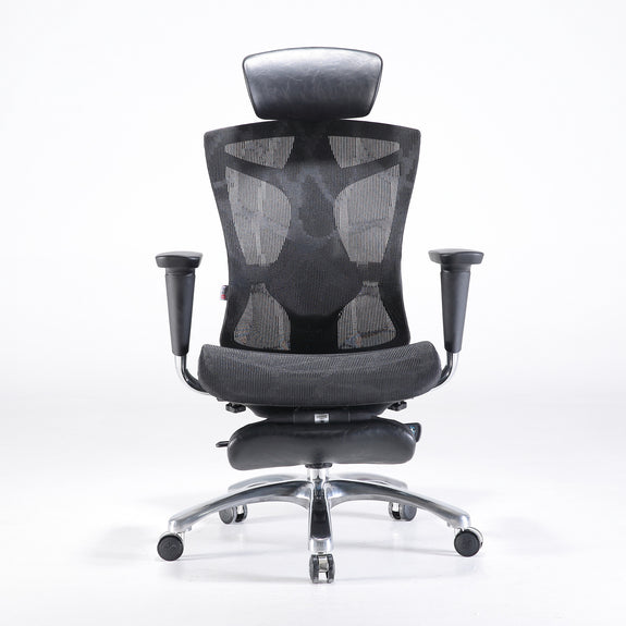 Front view of black Sihoo V1 ergonomic chair in Australia with black frame and seat, mesh backrest, and adjustable headrest