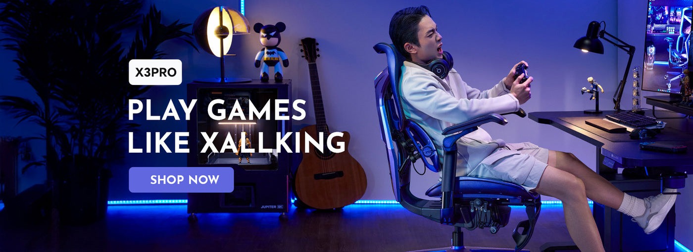 Boy playing games on an ergonomic Xallking X3Pro gaming chair in Australia with text overlay “X3Pro play games like Xallking”