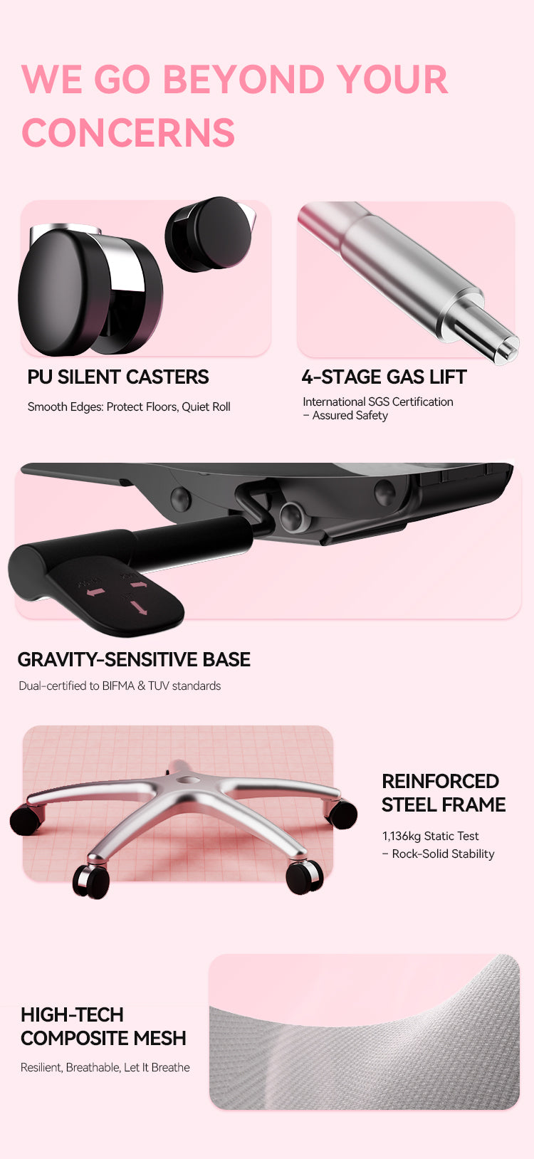 Close-up of parts of a white and pink unicorn ergonomic gaming chair in Australia with overlay text saying “We go beyond your concerns”
