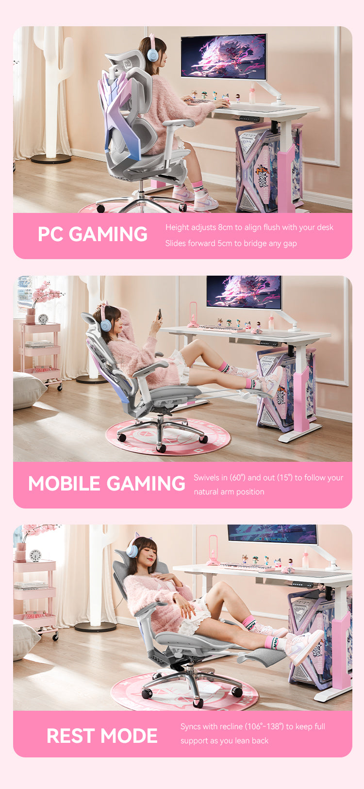 Woman sitting on a white and pink unicorn ergonomic gaming chair in Australia in mobile gaming mode