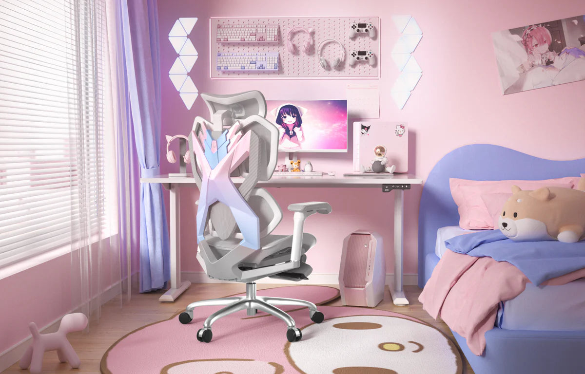 Xallking X5FS ergonomic gaming chair in Australia in a cute pink, white, and purple gaming setup